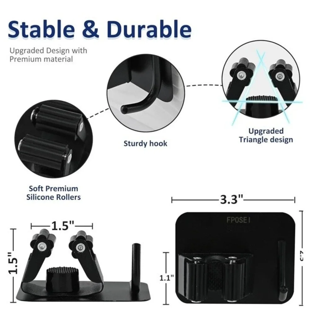 FPOSEI Broom Mop Holder‎ 4 Pack Black Stainless Steel Wall Mount Adhesive Hook